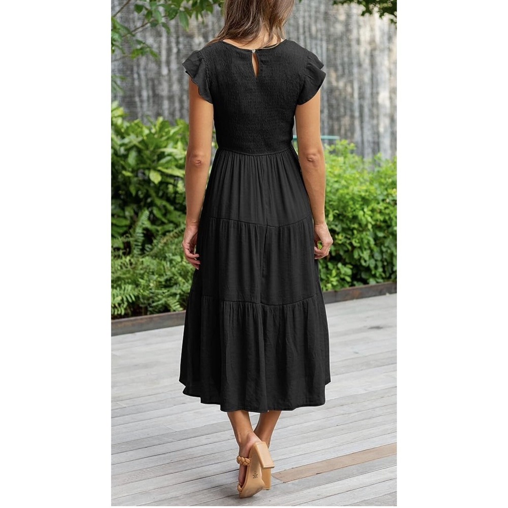 NWT MEROKEETY Womens Smocked Midi Dress black Flutter Sleeve Tiered size XL - Picture 2 of 8